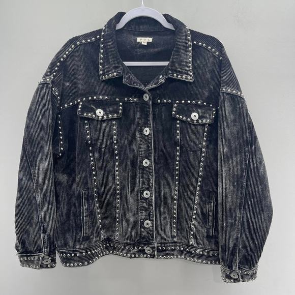 POL Black Corduroy Silver Studded Oversized Button Up Jacket - Picture 1 of 7